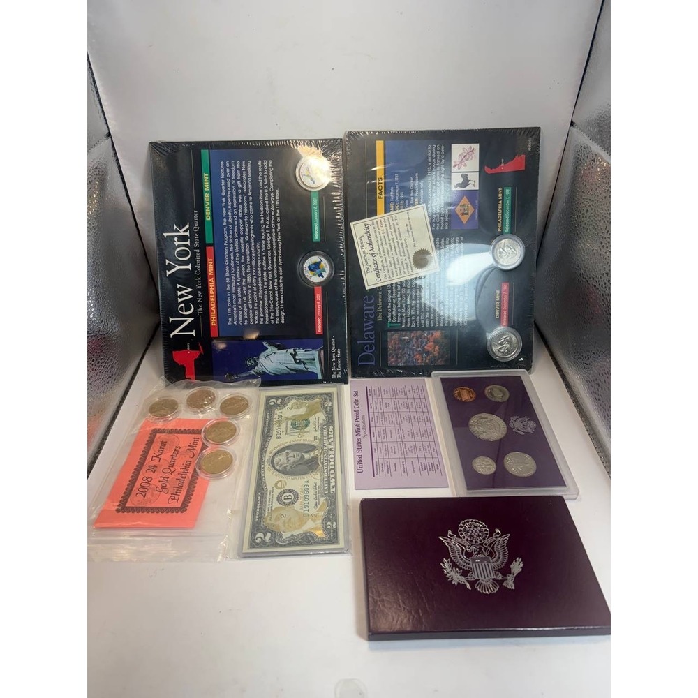 US Mint Proof Set 1988 Colorized Quarters Gold Quarters Barack Obama $2 Bill Lot